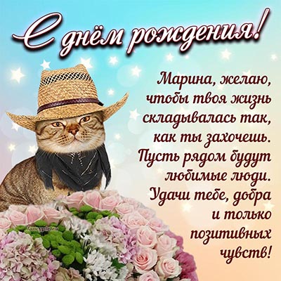 Прикольная открытка с котом в шляпе для Марины