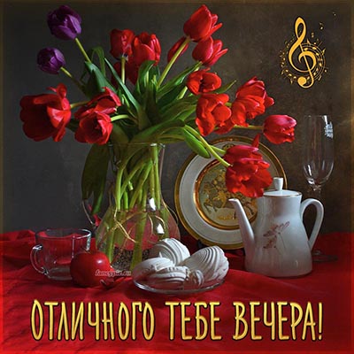 Шикарные тюльпаны и надпись - отличного тебе вечера