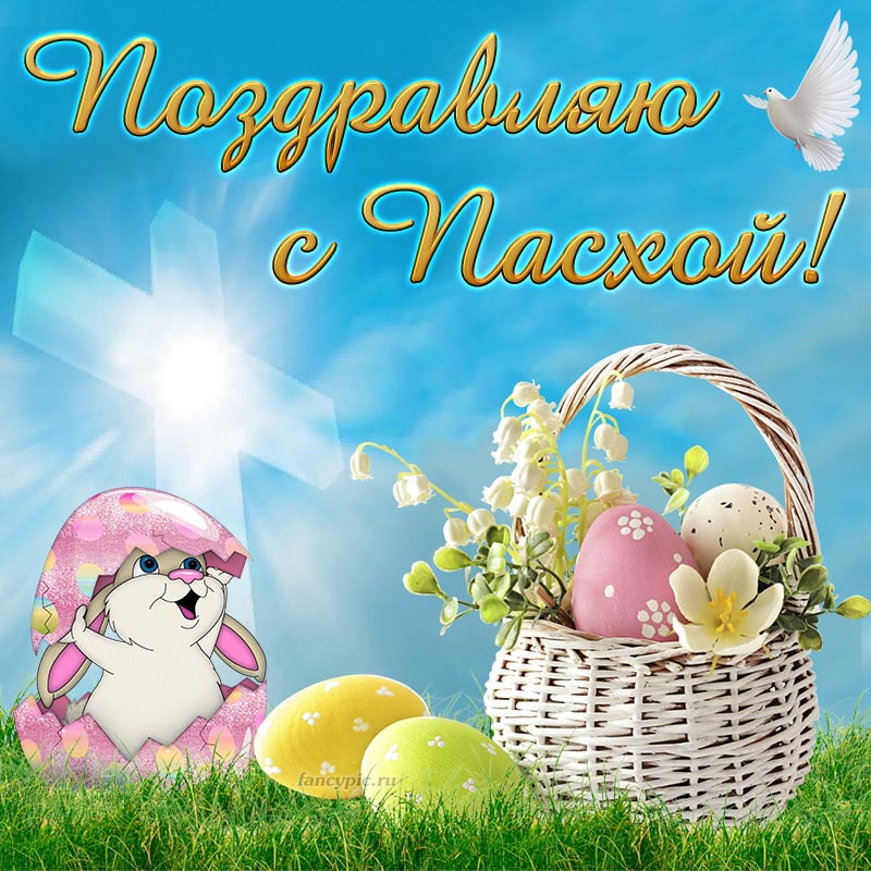 Поздравление с Пасхой на фоне кролика, яиц и голубя