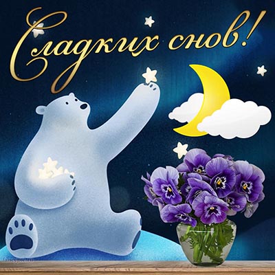 Красивая открытка сладких снов с мишкой и цветами